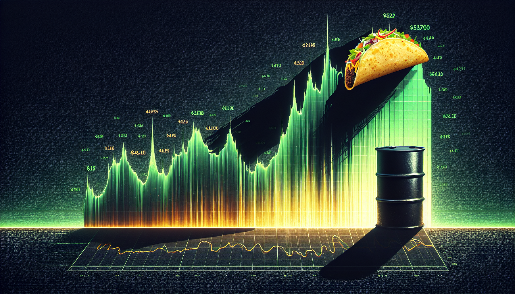 Stock chart showing dramatic spike then crash representing TACO market pattern